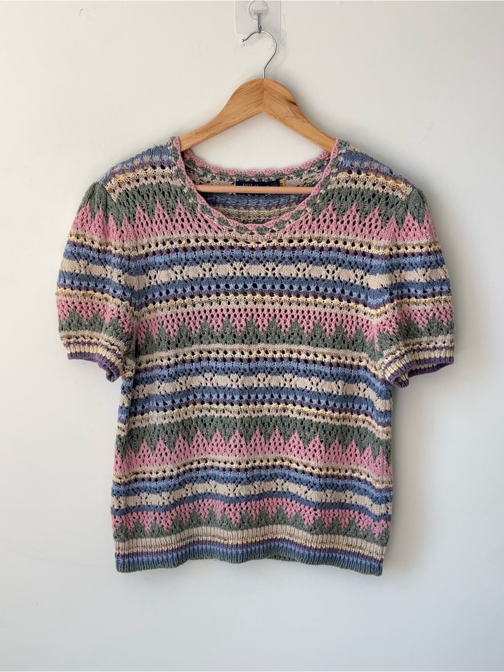 Polo Ralph Lauren Striped Pointelle Knit Sweater Tee Sz XL Crochet Short Sleeve